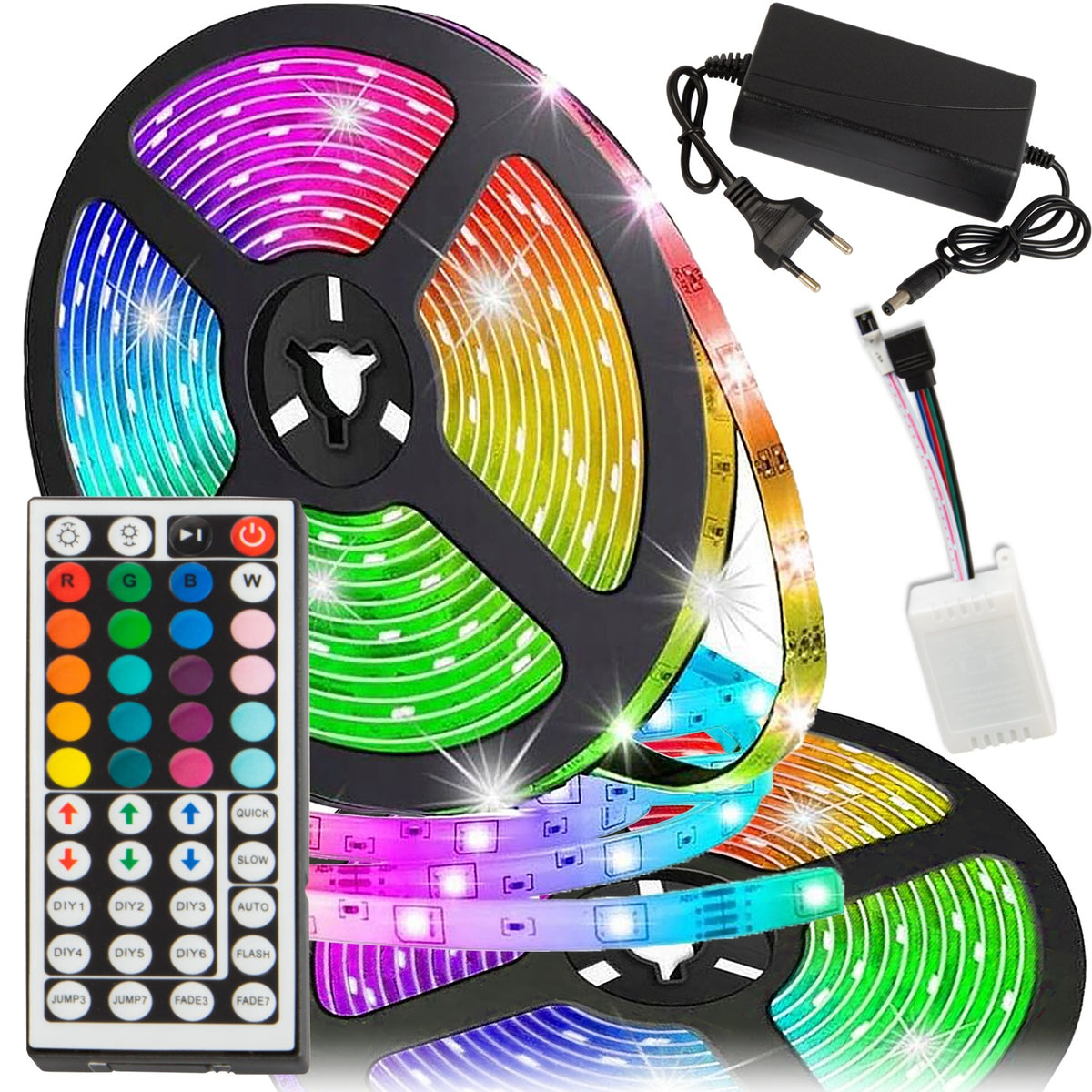 Zestaw taśma LED kolorowa 5M/300 5050 RGB + zasilacz + sterownik + pilot oświetlenie dekoracyjne do wnętrz, 12V DC