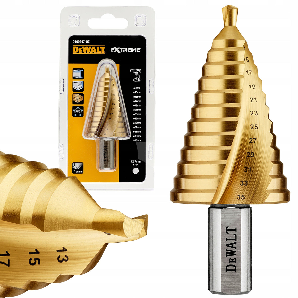 Wiertło tytanowe stopniowe 5-35 mm do metalu drewna DeWalt DT90247-QZ do blach, plastiku i żeliwa, chwyt walcowy