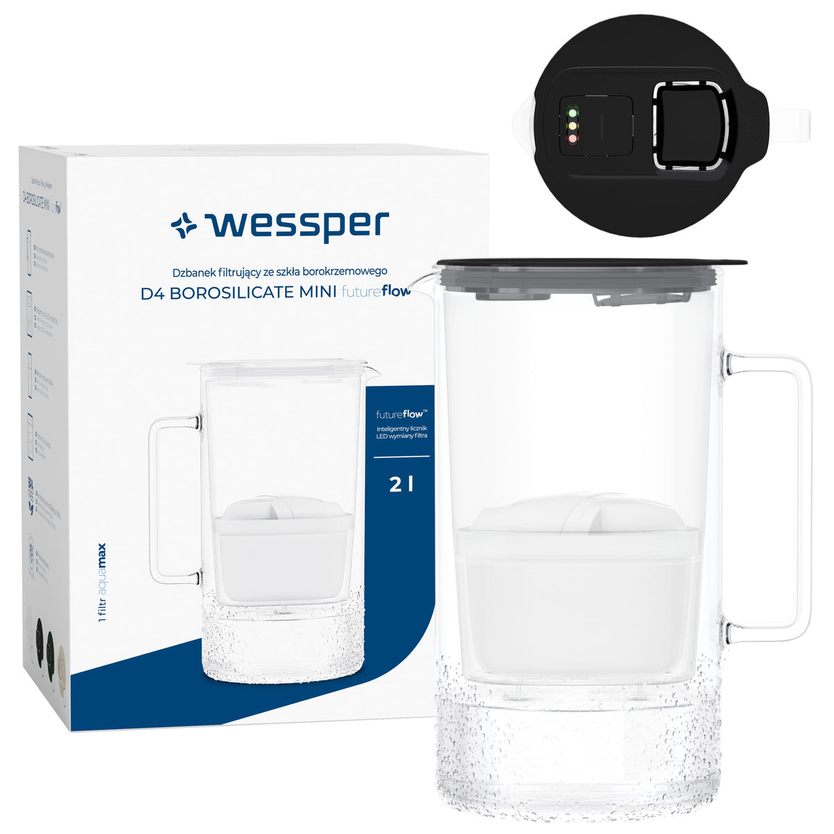 Dzbanek filtrujący szklany 2l Wessper WES208-FF-BK mini + filtr wskaźnik czarny