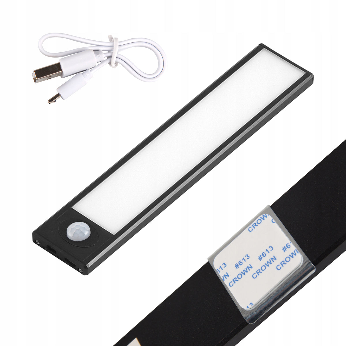 Lampka nocna LED 20cm z czujnikiem ruchu lampa podszafkowa do mebli czarna oświetlenie szafki, oprawa 5V 80 lm