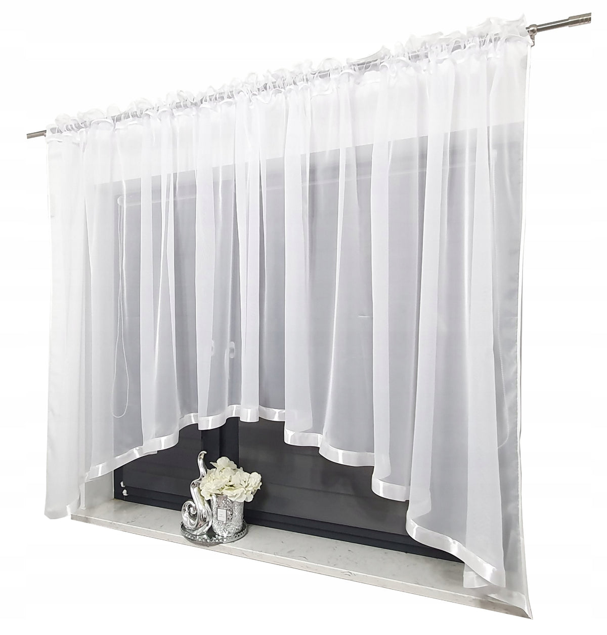 Firana 300 x 130 CM ŁUK biała firany lamówka woalowa dekoracja okienna gładka, klasyczna, na taśmę, tunel lub żabki