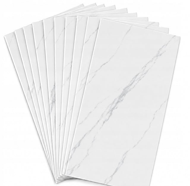 Panel Panele Ścienne ścienny PCV samoprzylepny Płytki biały marmur okładzina dekoracyjna do wnętrz, 30x60 cm, 3 mm, gładka powierzchnia, połysk