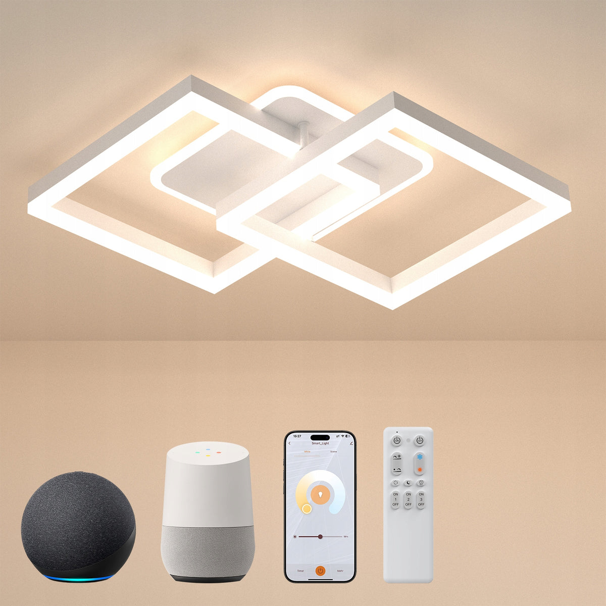 Inteligentna lampa sufitowa LED z pilotem+aplikacją, 40W, 3600 lm, biały plafon prostokątny do salonu i sypialni