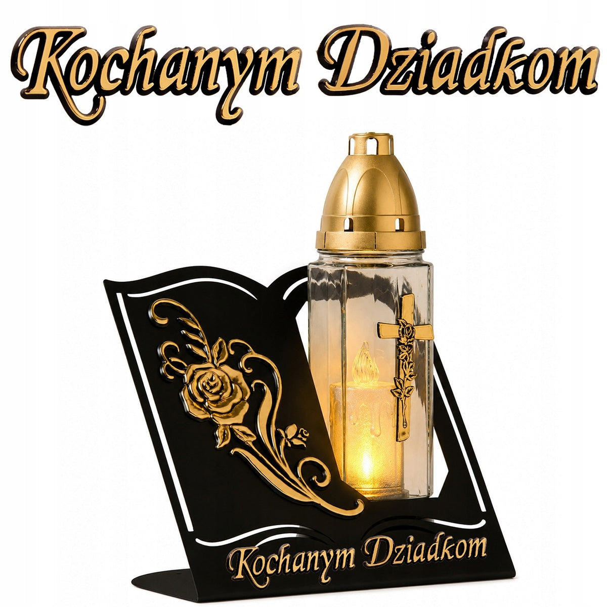 Znicz metalowy Księga Kochanym Dziadkom Biało-Złoty na Wszystkich Świętych lampion cmentarny LED 27 cm, dekoracja grobu