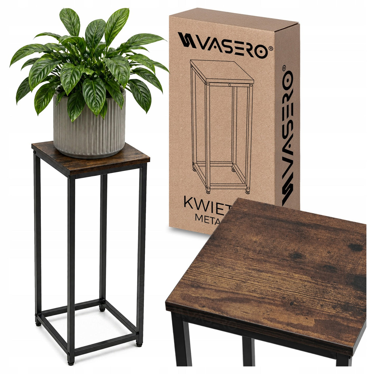 Kwietnik Stojący Metalowy Drewo Loft Czarny Stojak Na Kwiaty Rośliny Półka na jedną donicę, wysokość 63 cm