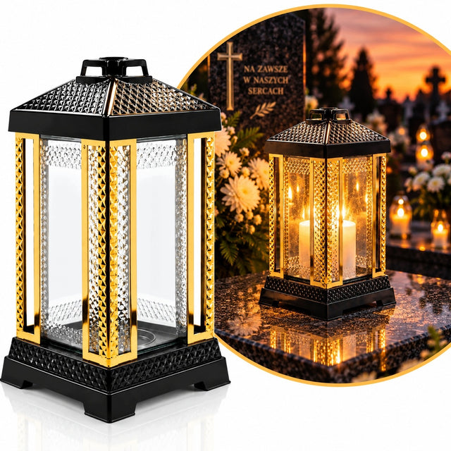 Znicz Kapliczka Ażur Metalizowana Złota lampion nagrobny na cmentarz, dekoracja grobu, wysokość 25 cm