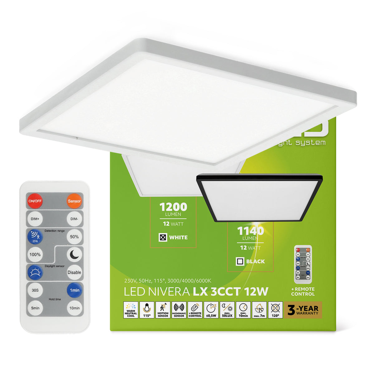 Plafon LED z czujnikiem sterowany pilotem 12W ze zmienną barwą światła gwintu biały tworzywo sztuczne