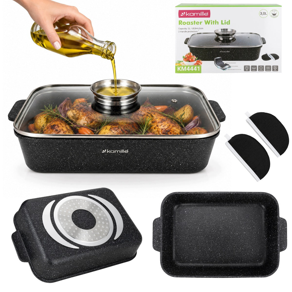 GĘSIARKA BRYTFANNA MARMURKOWA GARNEK NON STICK 3,0 L GAZ INDUKCJA KAMILLE naczynie do pieczenia i duszenia, z pokrywą