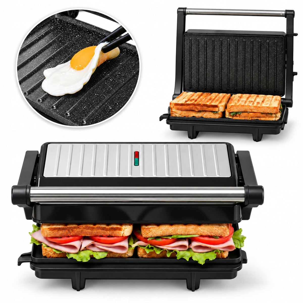 Opiekacz Panini 1000W grill kontaktowy 180° powłoka ceramiczna do kanapek nominalna srebrny