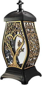 Znicz kapliczka na grób czarno-złota drzewo krzyż elegancki nagrobny lampka cmentarna LED, wysokość 36 cm