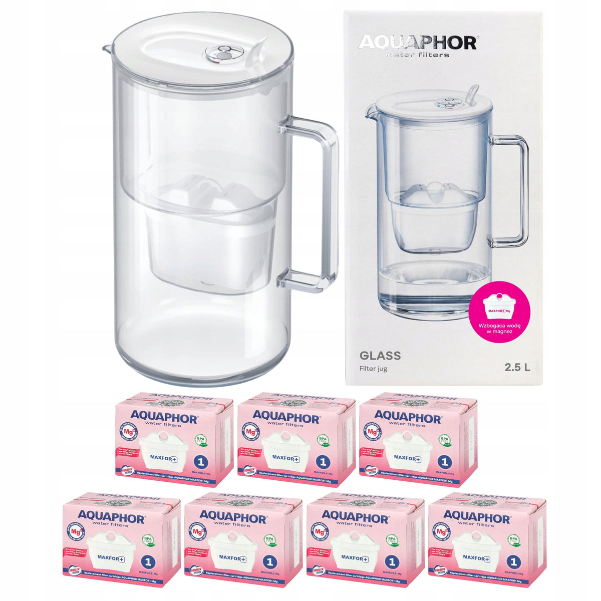 Dzbanek filtrujący szklany Aquaphor Glass, biały + 7 filtrów Maxfor+ Mg