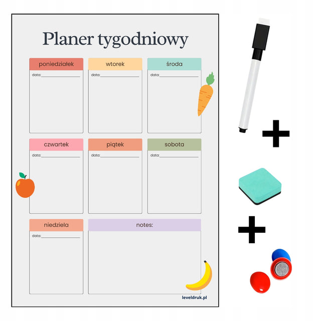 Planer tygodniowy A4 - magnetyczny + marker + gąbka + magnesiki tablica suchościeralna na lodówkę, organizer domowy, harmonogram