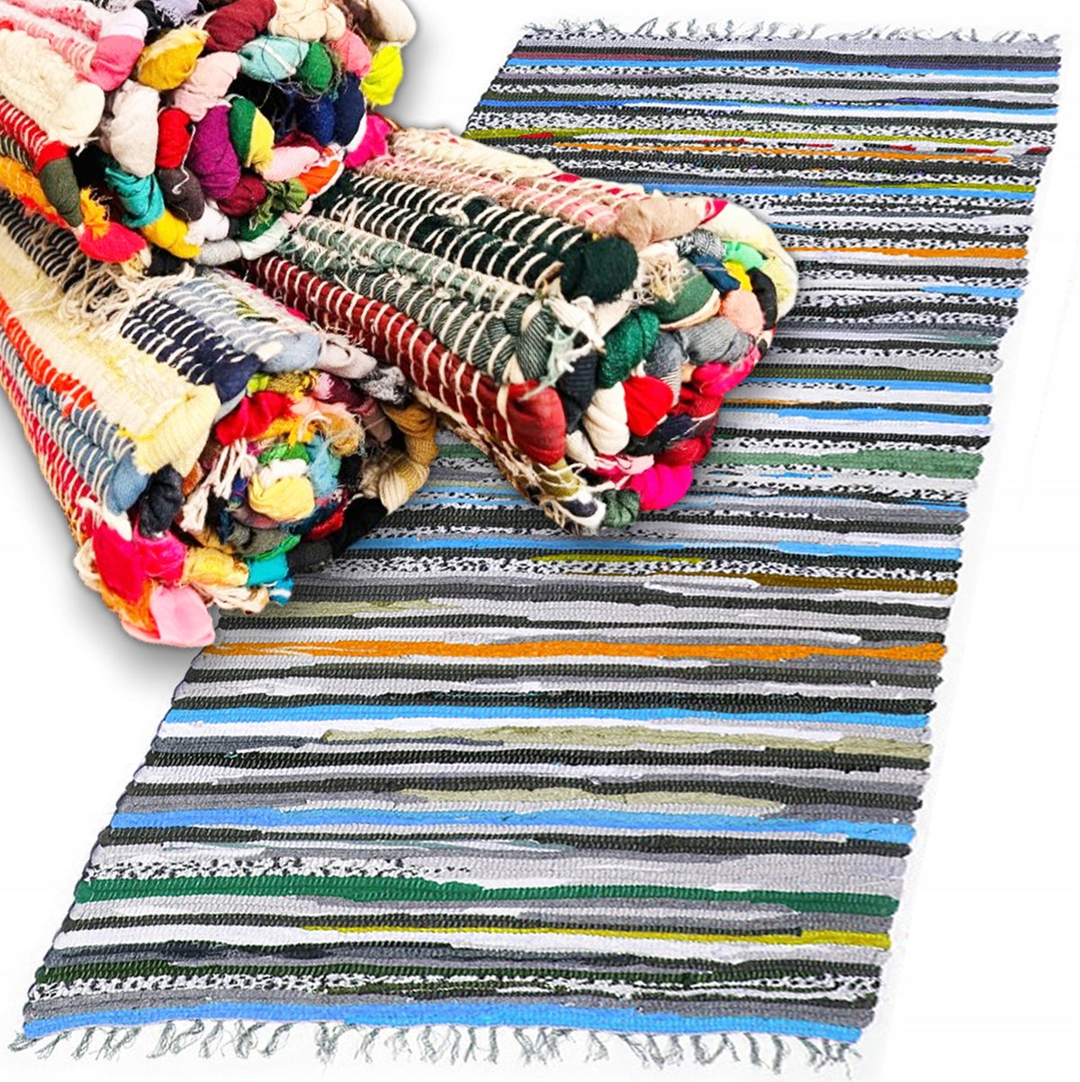 Dywanik bawełniany tkany chodnik frędzle 60x100 mata podłogowa prostokątna wielokolorowa do wnętrz, nowoczesna