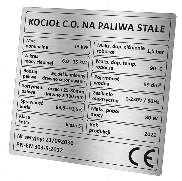 Tabliczka znamionowa na piec, kocioł - 5 klasa paliwa 15 kW