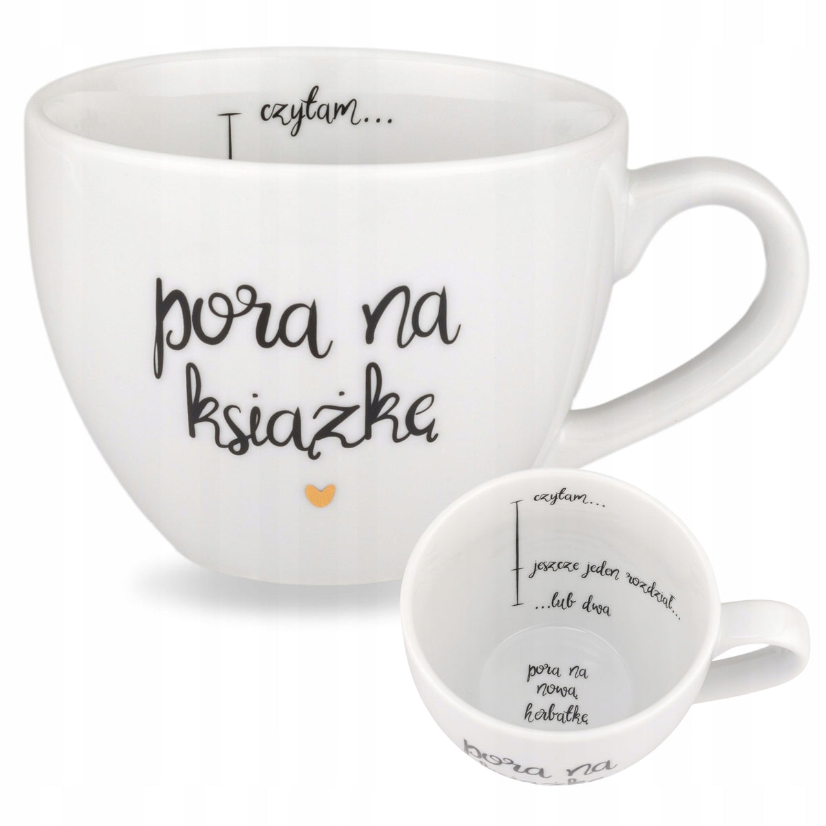 Kubek na herbatę Napis -Pora na książkę Pora na nową herbatkę Biały Prezent porcelanowy do kawy 500 ml można myć w