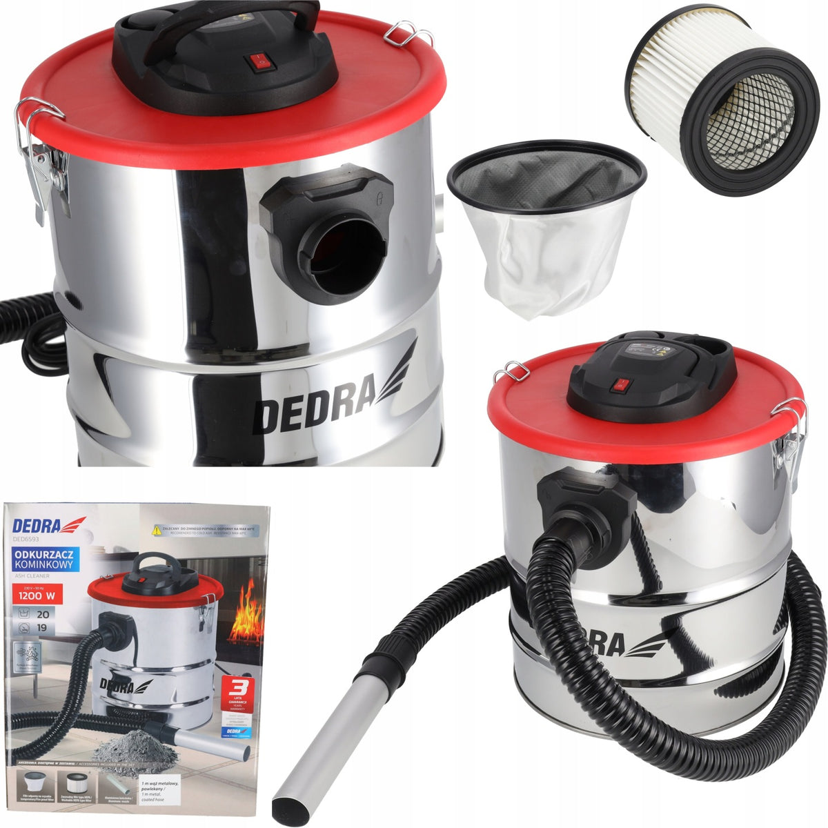 Odkurzacz do Kominka Popiołu Pieca Filtr Separator 1200W 20l 19kPa dedra