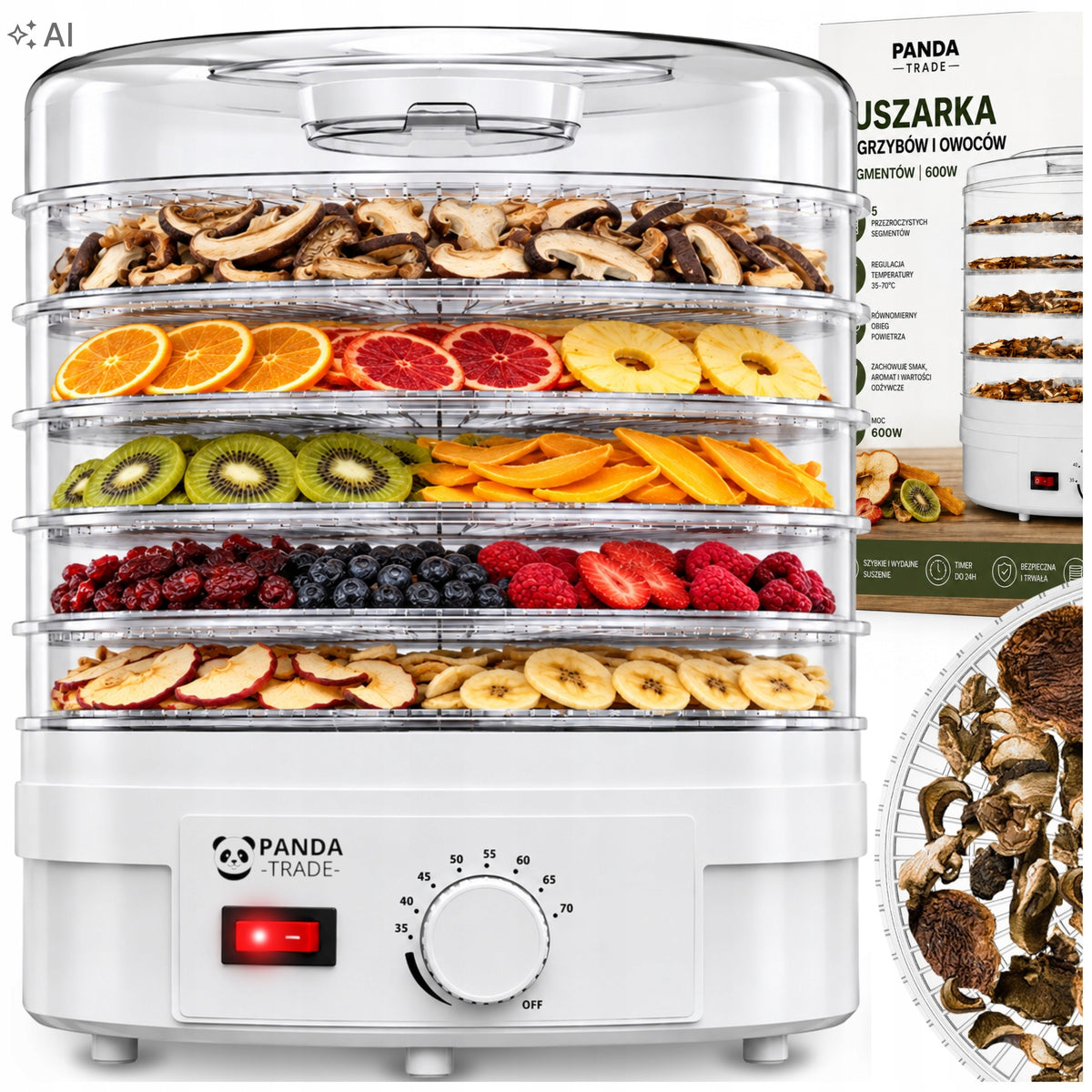 Suszarka do grzybów owoców warzyw ziół spożywcza mocna 600W duża XXL 5 SIT dehydrator BPA free, regulacja temperatury