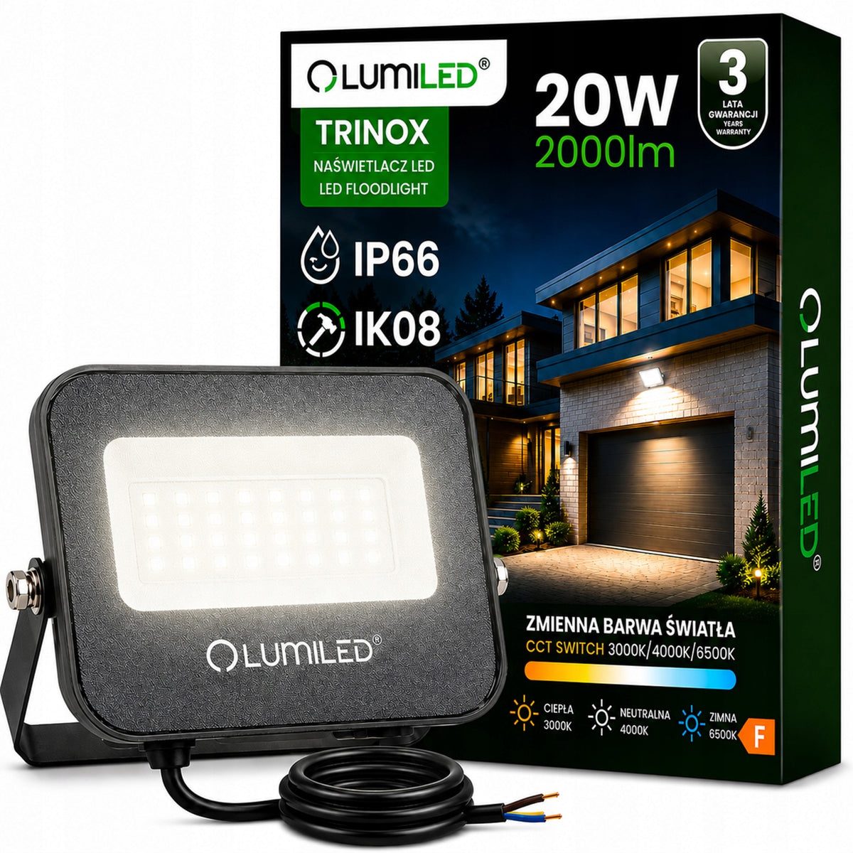 Halogen Naświetlacz Lampa LED 20W 2000 lm IP66 zewnętrzny mocny 3 barwy reflektor do garażu, warsztatu i podwórka