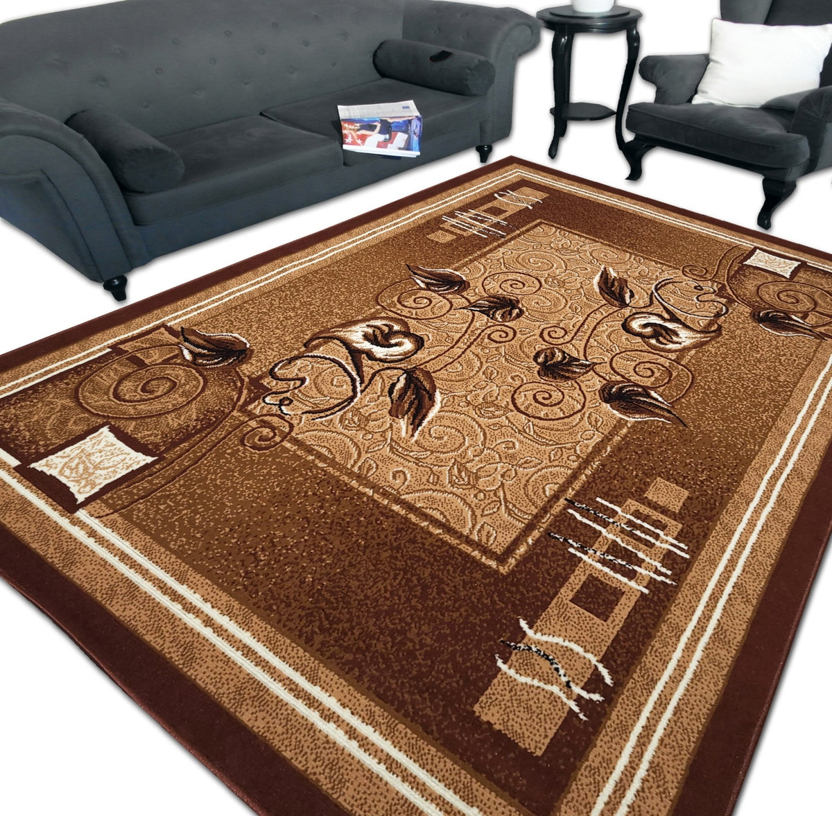 Nowoczesny Tkany Dywan 220x300 ~2x3 Szare Brązowe Bordo Alfa BCF Shiraz wykładzina polipropylenowa prostokątna do