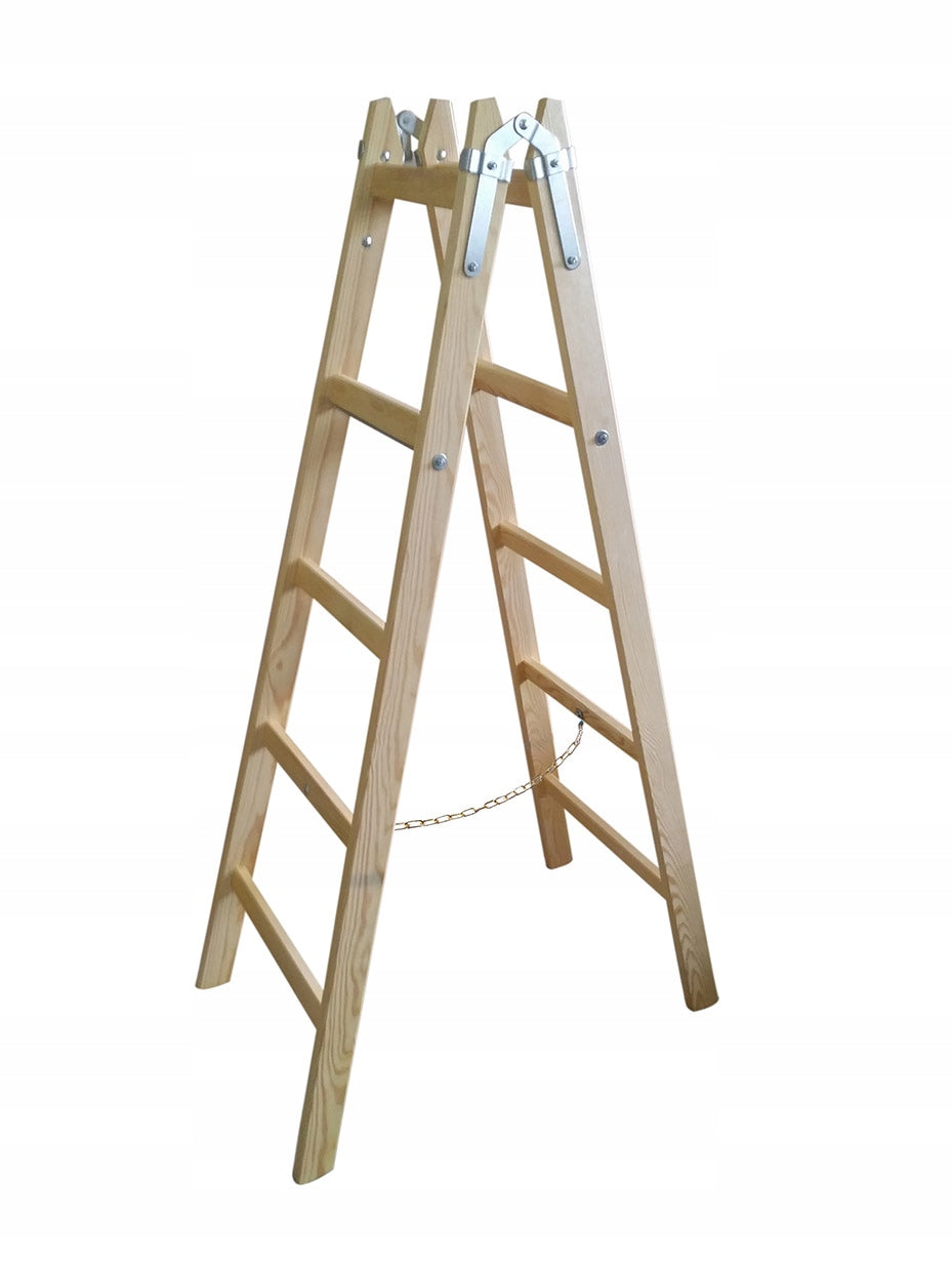 Drewniana Drabina Rozstawna 2x5 Szczebli producent wielofunkcyjna, udźwig 150 kg, wysokość robocza 2,9 m
