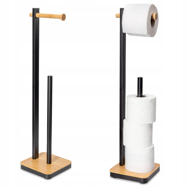 Stojak na papier toaletowy do WC toalety czarny uchwt bambus na 3 rolki metalowy wolnostojący organizer łazienkowy, wysokość 68,5 cm