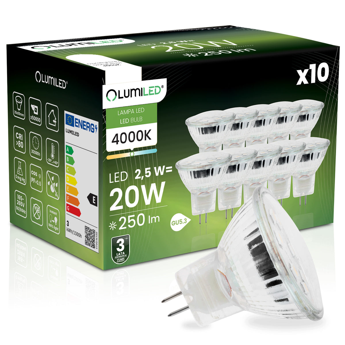 10x Żarówka LED GU4 Reflektor MR11 2,5W = 20W 250lm 4000K 120° lumiled zamiennik halogenu do opraw punktowych