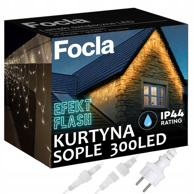 Lampki sople zewnętrzne 300LED IP44 światło stałe + flash -białe ciepłe 11m kurtyna świetlna 1160 cm