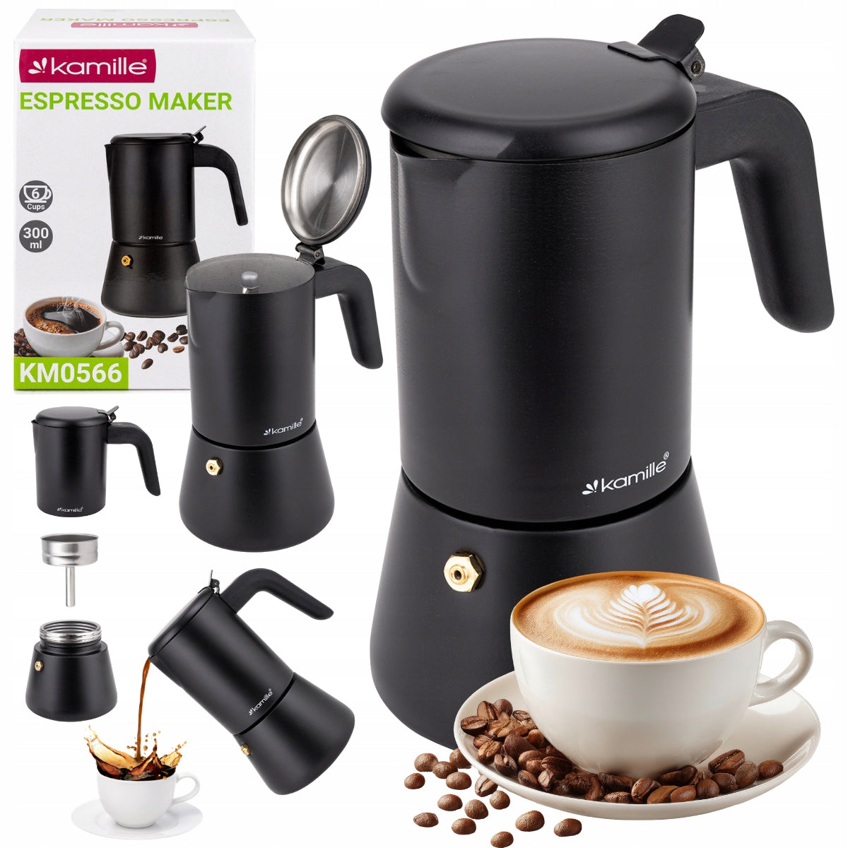 Kawiarka ciśnieniowa do espresso stalowa zaparzacz do kawy 300 ml kamille moka na 6 filiżanek, czarna