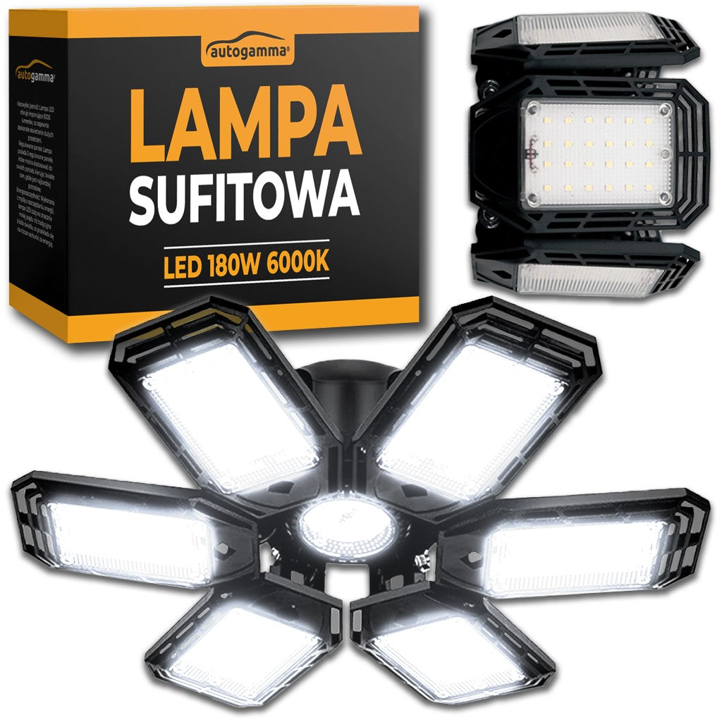 Lampa Sufitowa Garaż Warsztat LED Składana 30x29cm 180W 6000K plafon do piwnicy, pomieszczeń gospodarczych, neutralna