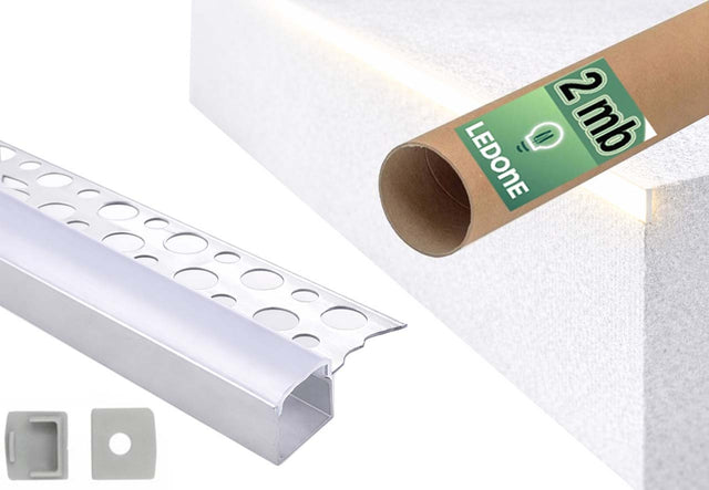 Zestaw profil LED ALU do płyt karton-gips GK gipsowych krańcowy + klosz 2m kanał na taśmę świetlną, wykończenie krawędzi zabudowy