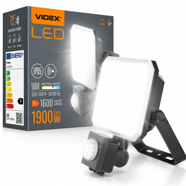 Naświetlacz LED lampa halogen 20W 1900lm IP65 Czujnik Ruchu Zmierzchu Videx reflektor zewnętrzny, do ogrodu, biały neutralny 5000 K