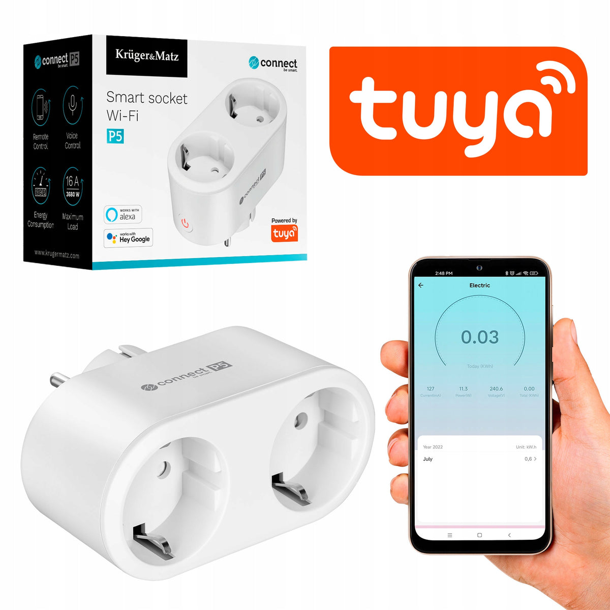 Inteligentne Gniazdko podwójne WiFi Kruger&Matz Connect P5 Tuya programator wtyczka smart do automatyki domowej