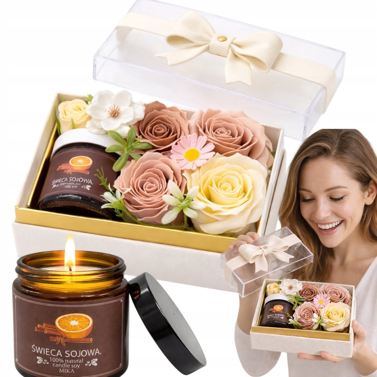 Flower Box kwiaty mydlane + świeca zapachowa w pudełku prezent Upominek kompozycja florystyczna, dekoracja wnętrza