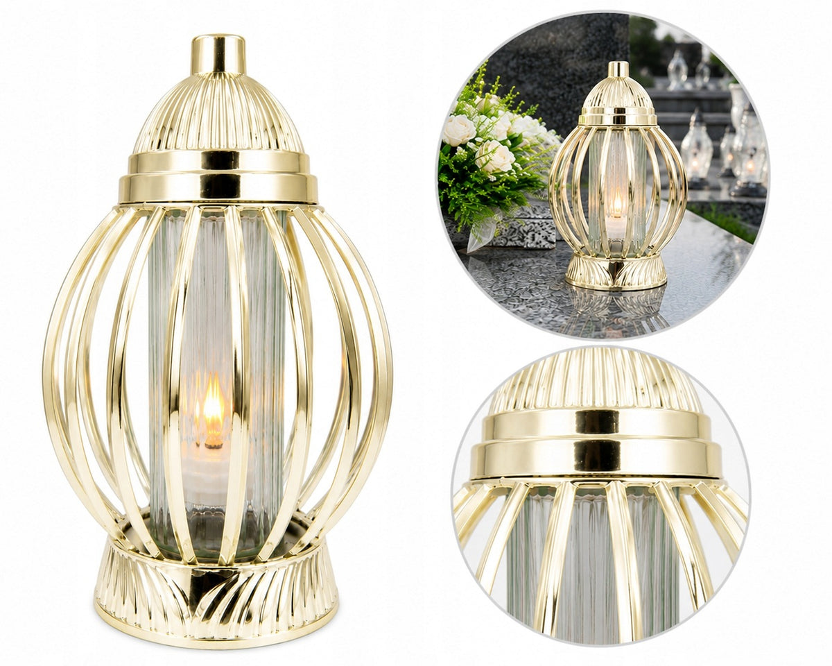 Znicz Lampion Piękny Kula Gold Złoty Metalizowany duży 28 cm lampka nagrobna LED, dekoracja na grób, ozdoba cmentarna