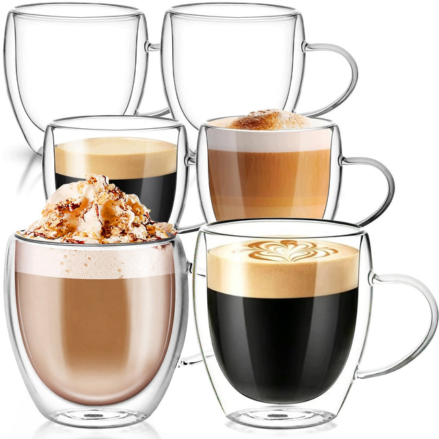 6x szklanki termiczne do kawy latte drinków 250ml z uchem atestowane do herbaty i espresso, podwójna ścianka, przezroczyste szkło