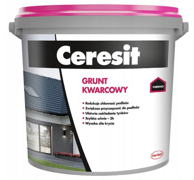 Grunt kwarcowy Ceresit 15 kg podkład pod tynk i farbę, poprawia przyczepność, do ścian i elewacji, wydajność do 50 m², schnie około 3 godziny