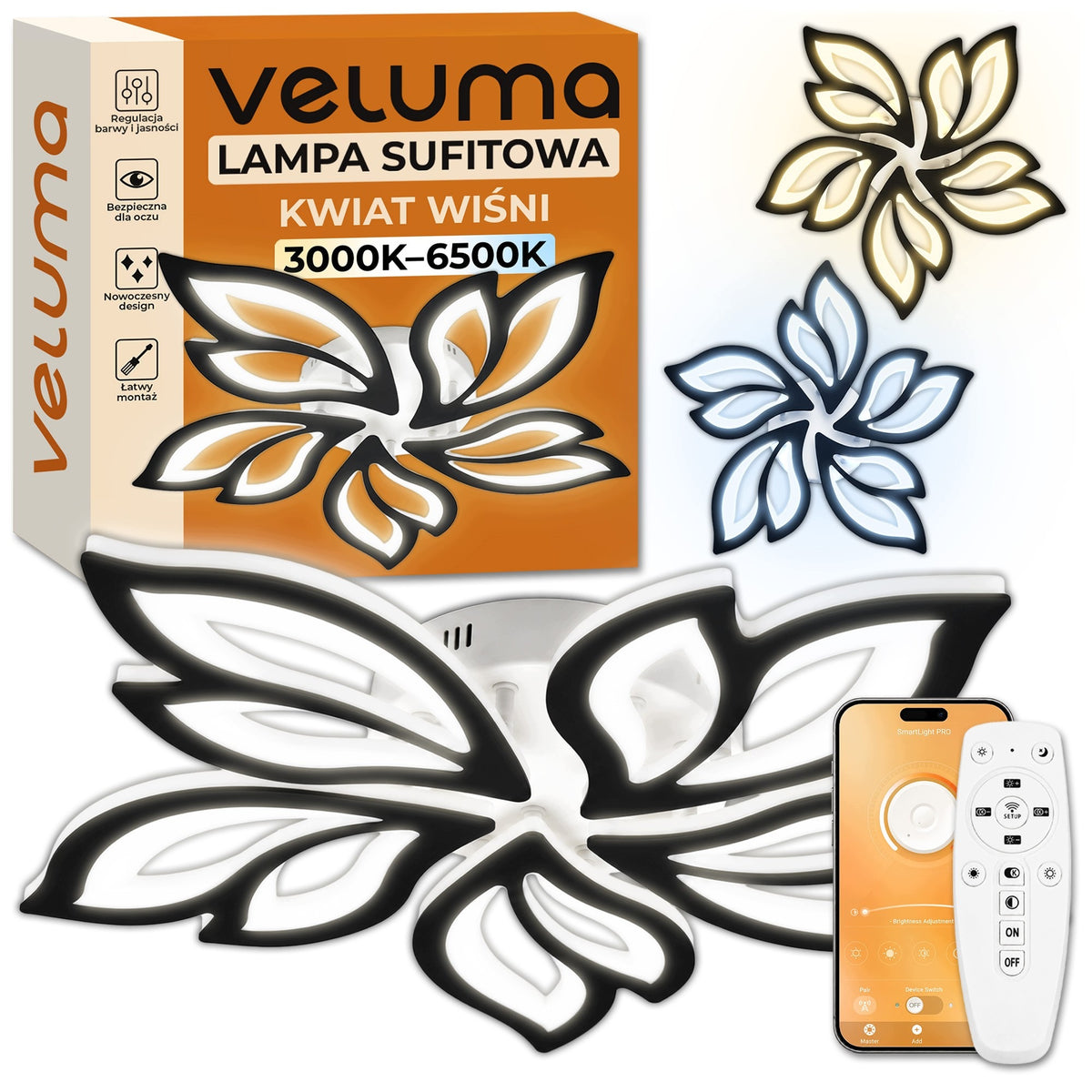 Lampa Sufitowa LED Czarna 45W 3000K-6500K Pilot Aplikacja Smartfon Plafon zmienna barwa światła, szerokość 57 cm, do