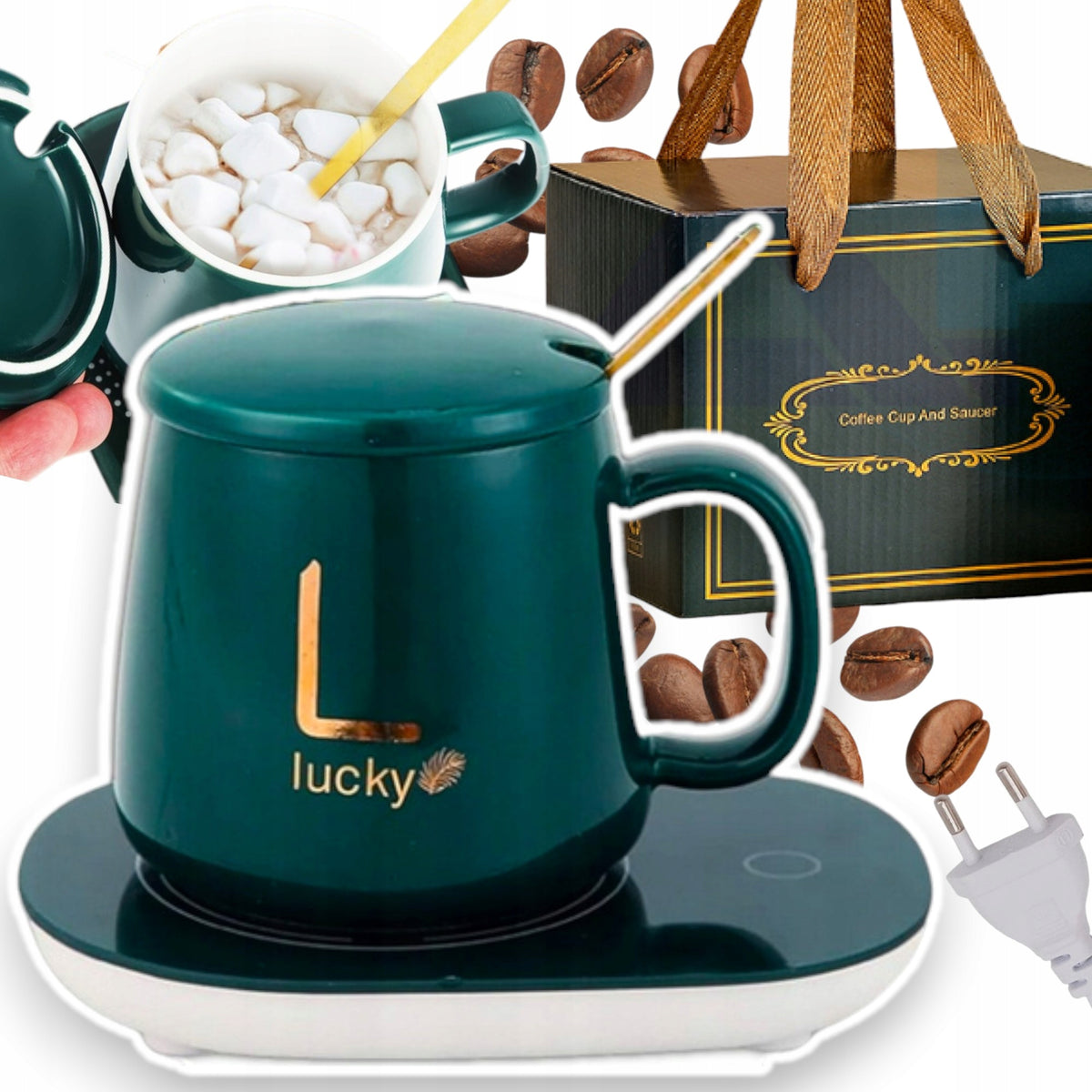 Zestaw kubek podgrzewany podstawka podgrzewacz wody herbaty kawy prezent ceramiczny 340 ml do napojów