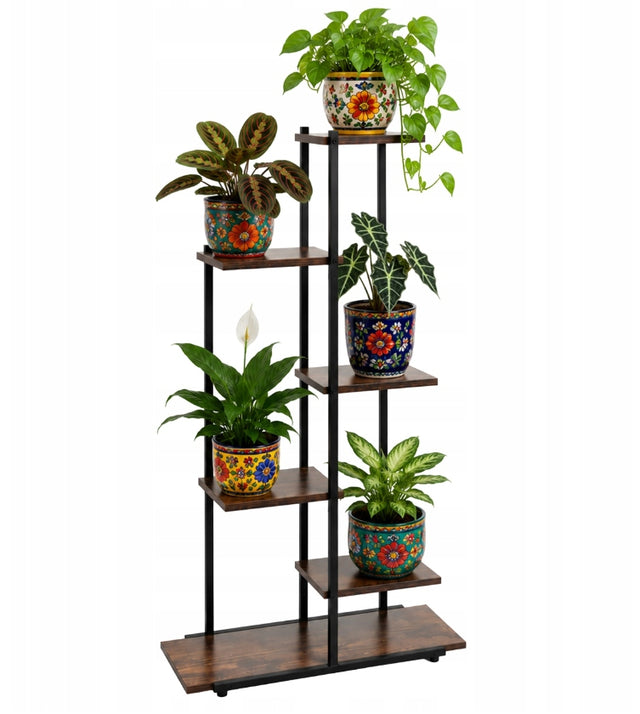 Kwietnik Stojący Metalowy Stojak na Kwiaty Rośliny Loft Półki 6 Poziomowy regał doniczkowy 113 cm brązowo-czarny, ekspozytor roślin do wnętrz