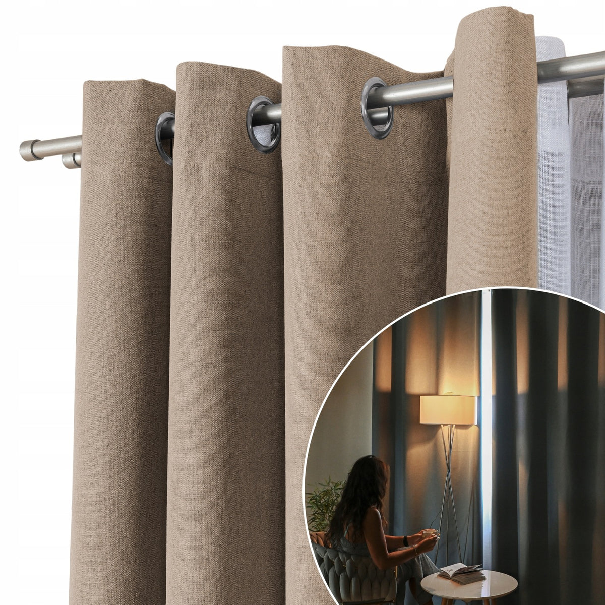 Zasłona 100% zaciemniająca na przelotkach 140x230 cm beżowa BLACKOUT kółka osłona okienna do sypialni i salonu