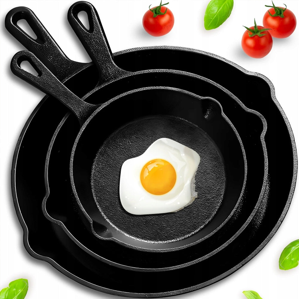 3x GŁĘBOKA ŻELIWNA PATELNIA NON-STICK MASYWNA PATELNIA GRILL ZESTAW 3 szt. do smażenia i duszenia