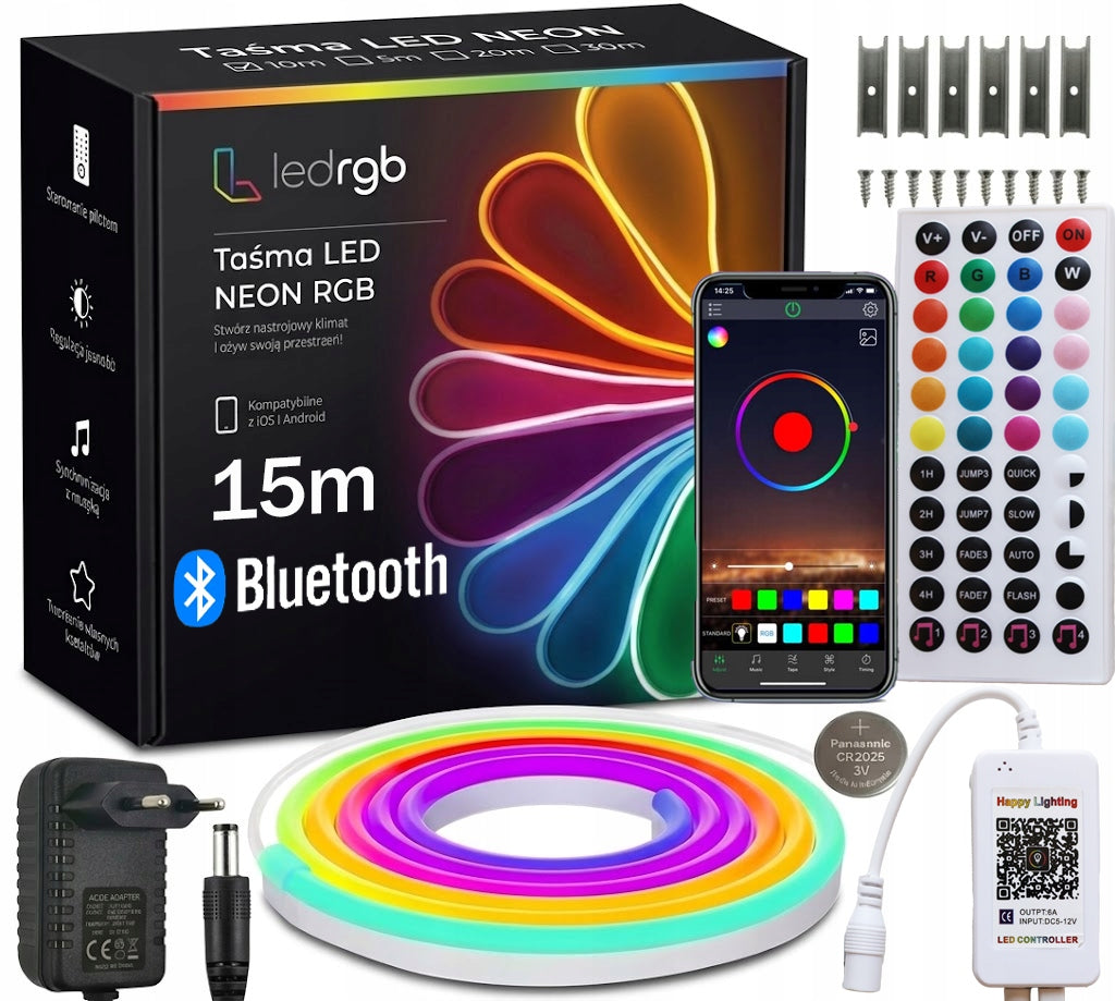 Zestaw taśma LED neon 15m RGB 1x15m aplikacja bluetooth pilot zasilacz IP67 wąż świetlny dekoracyjny do wnętrz i na