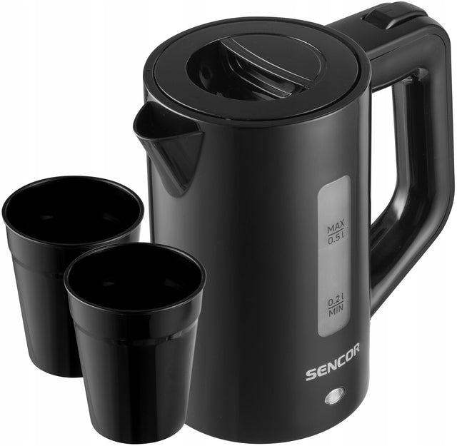 Czajnik turystyczny elektryczny bezprzewodowy 0,5l sencor 1100W + DWA kubki 0.5 l 1100 w czarny tworzywo sztuczne