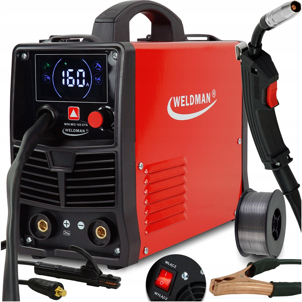 Spawarka inwertorowa migomat Weldman MIG MAG MMA TIG bezgazowa Flux 230V półautomat do drutu 0,6–1,0 mm, 35–160 a, cykl