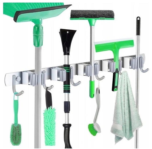 Uchwyt wieszak na narzędzia mopa miotłe ścienny stalowy mocny 60 CM organizer do sprzętu sprzątającego, mocowanie szczotek i kijów