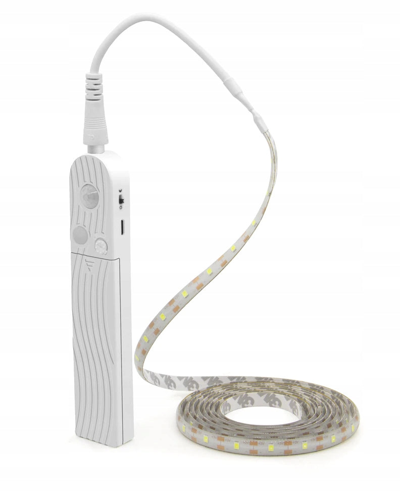 Taśma LED czujnik ruchu na baterie + USB do szafy mebli pod łóżko 200cm 2m oświetlenie meblowe PIR ciepła biel