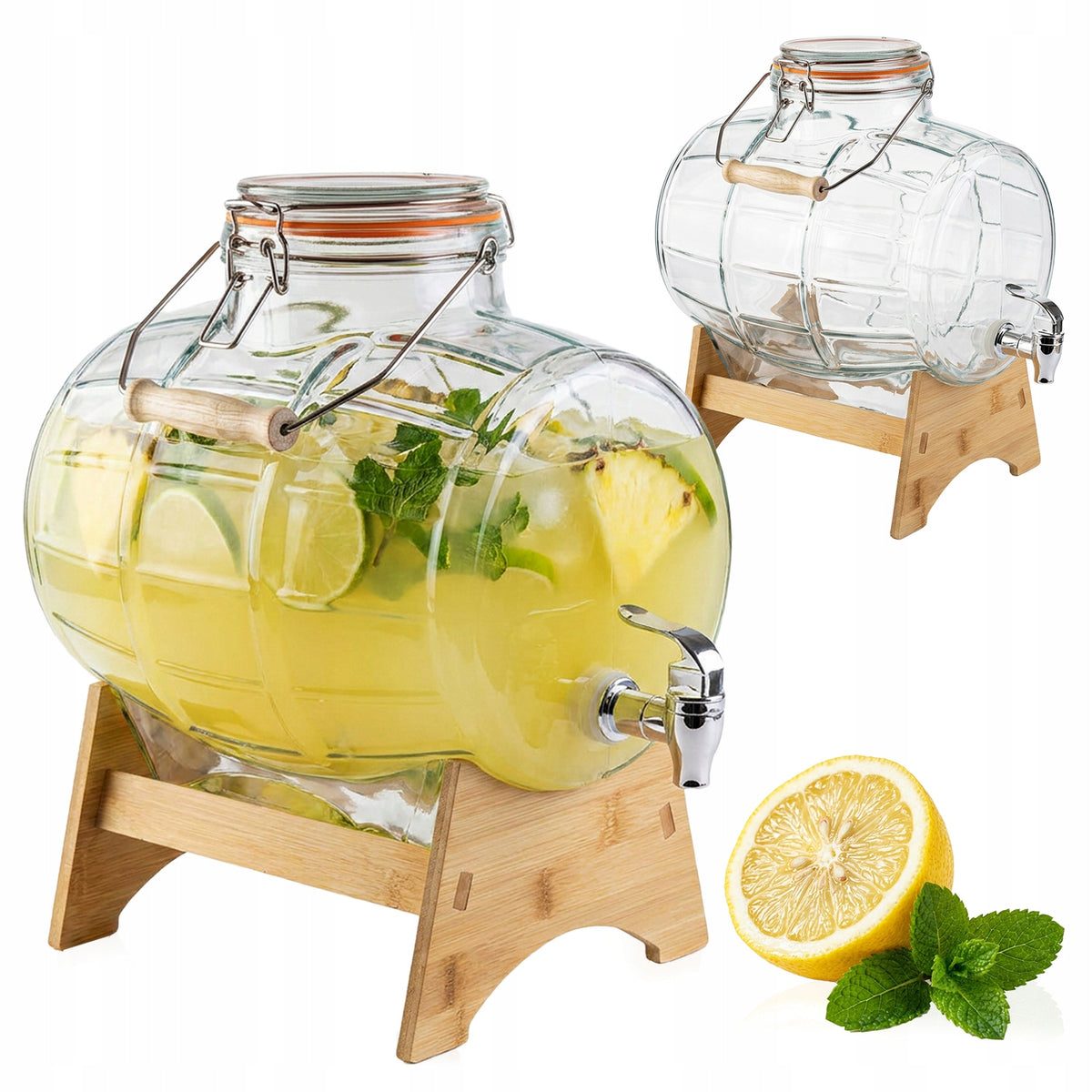 Beczka szklana z kranikiem 8L beczułka antałek karafka do whisky na wodę do lemoniady, soków i napojów, bezbarwne