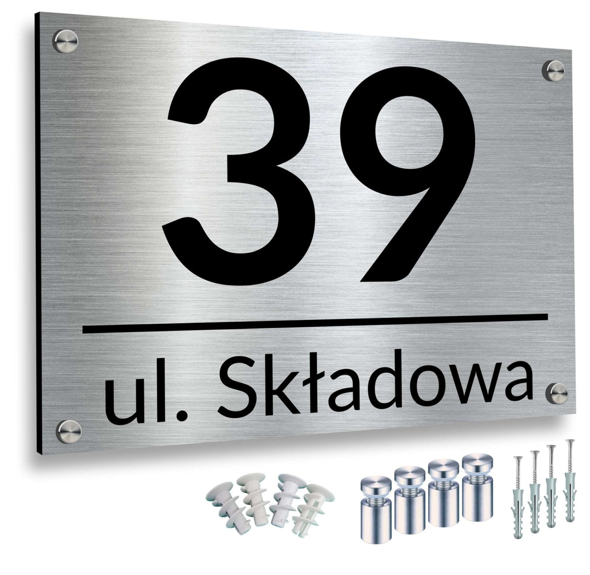 Tabliczka adresowa aluminiowa 40x30 duża dystanse numer na dom, oznaczenie posesji, srebrna, tworzywo sztuczne, grubość