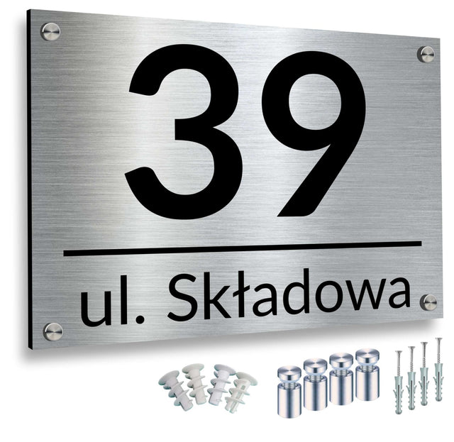 Tabliczka adresowa aluminiowa 40x30 duża dystanse numer na dom, oznaczenie posesji, srebrna, tworzywo sztuczne, grubość 3 mm