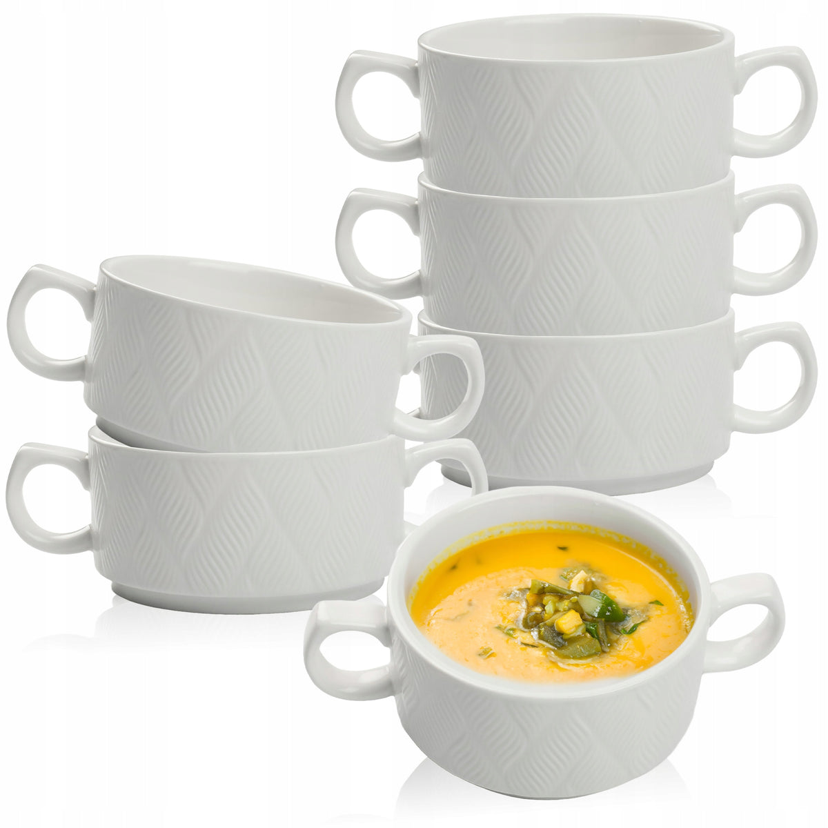 ZESTAW 6 SZT BULIONÓWKA CERAMICZNA Z TŁOCZENIEM 230ML DO ZUP FLAKÓW DESERÓW biała miseczka, można myć w zmywarce